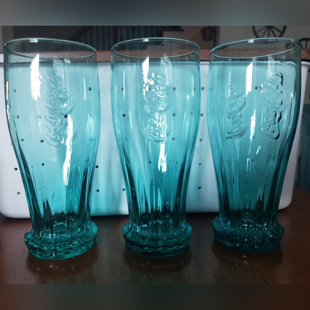 3 Teal Coca-Cola Glass Set Coke Glasses Blue Green